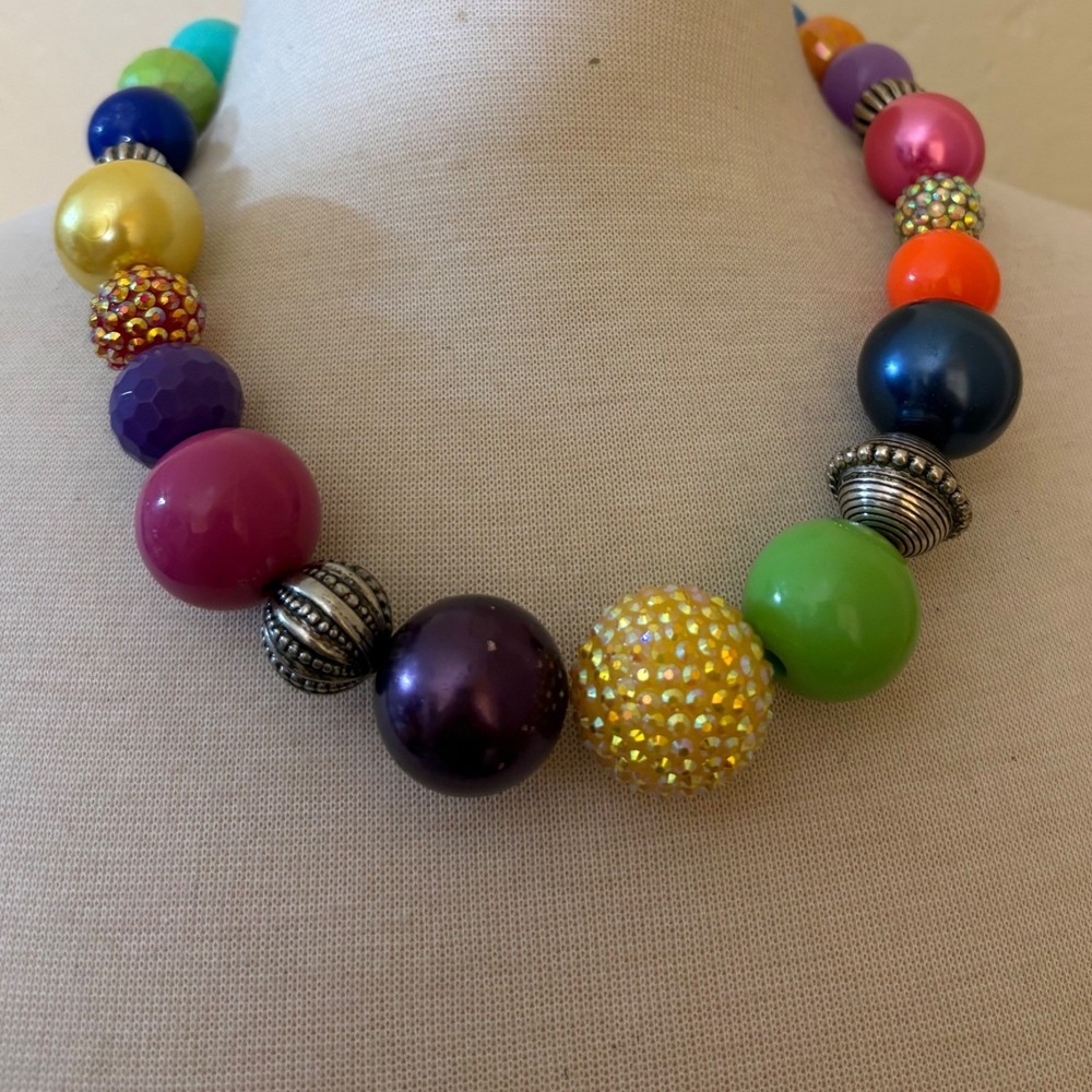 Multicolor Chunky Bubble Bead Statement Necklace Rainbow Toggle Clasp
